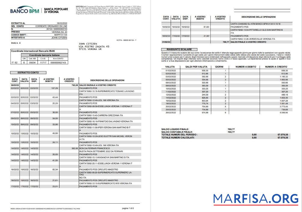 Printable Italy Banco BPM bank statement word 8 pages real example